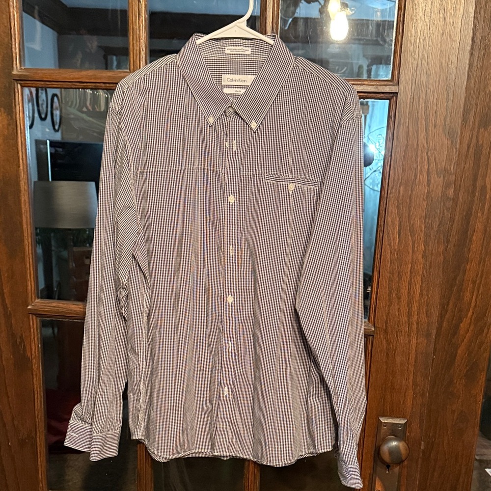 Calvin Klein Mens XL Slim Fit Gingham Button Down Shirt Black White‎ Long Sleeve